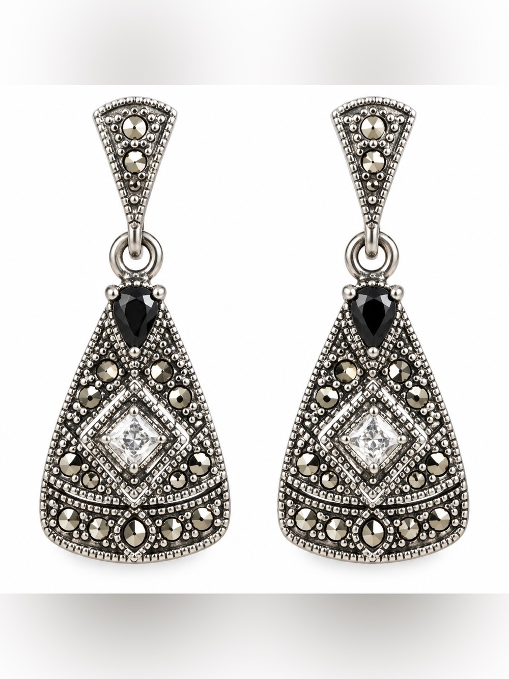 Art Deco Marcasite Style Black Stone Drop Earrings Silver Tone